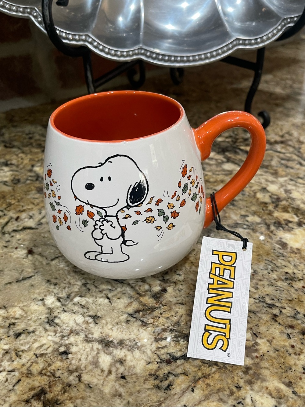 Peanuts egg shaped fall leaves Snoopy Happy Fall double sided mug - Brand New!